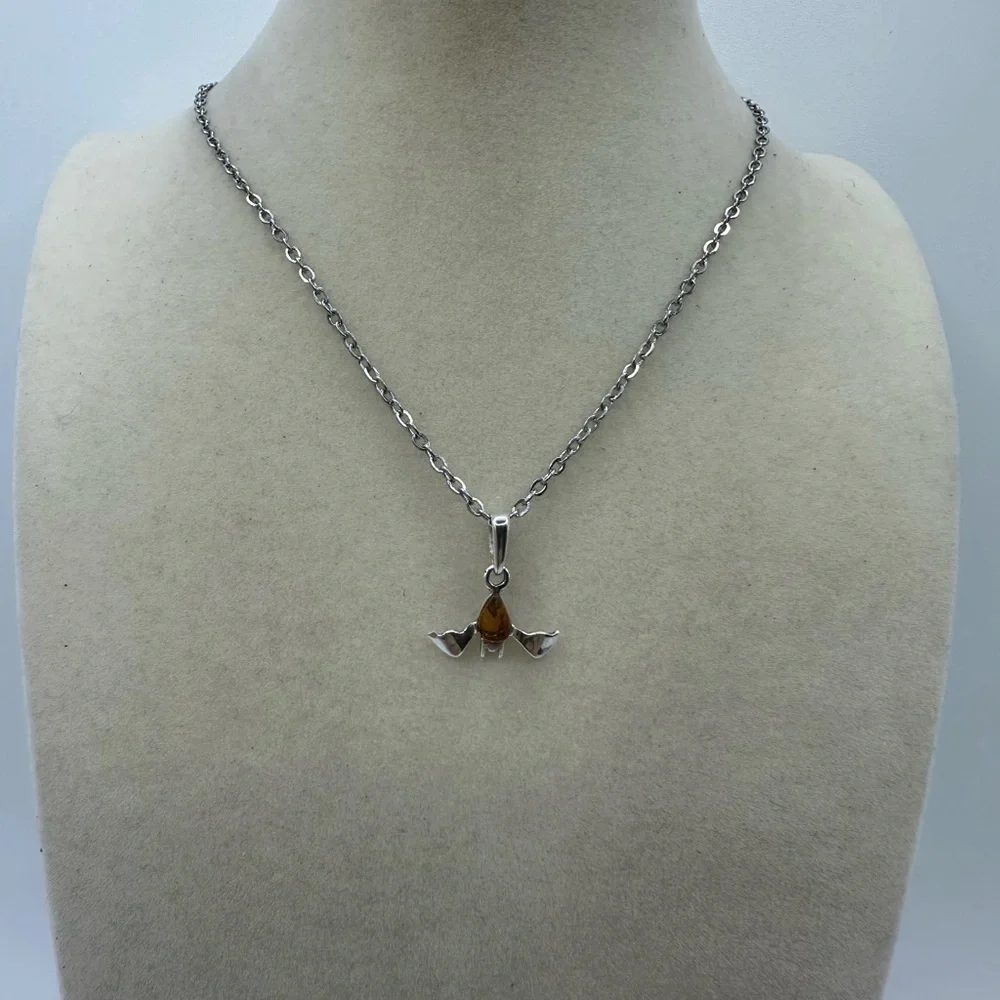 Silver and Amber Bat Pendant on Stainless Steel Chain